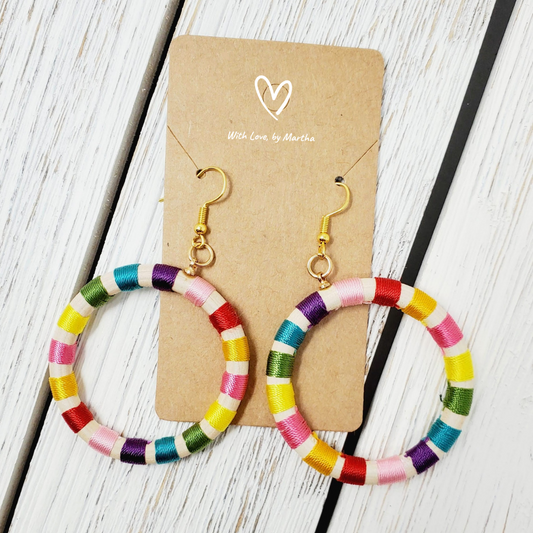 Multicolor String wooden hoop earrings