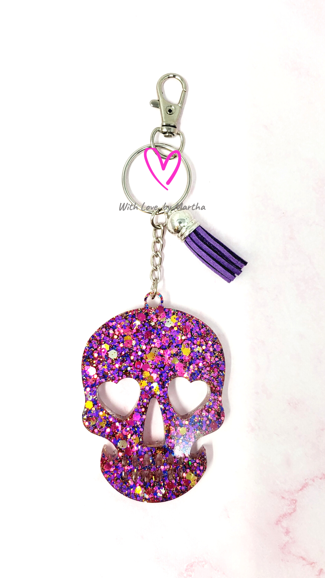 Purple Gold glitter sugar skull keychain