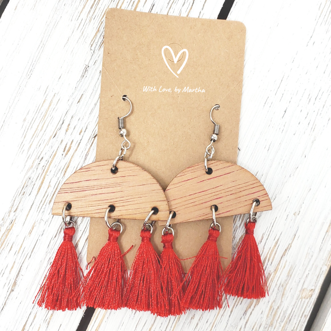 Red Fringe tassles wood dangle earrings (Copy)