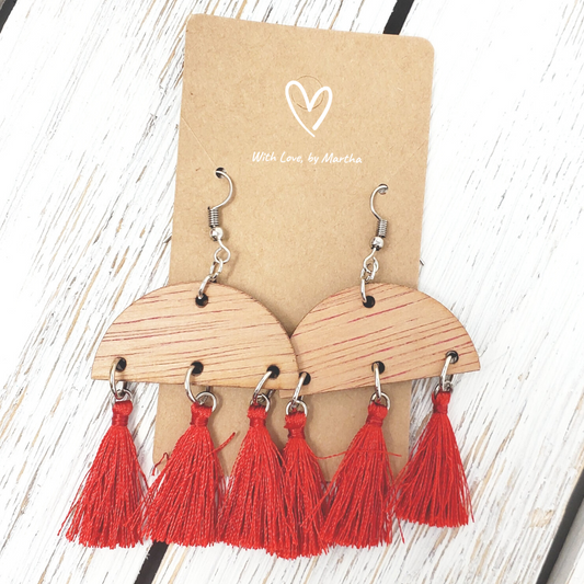 Red Fringe tassles wood dangle earrings (Copy)