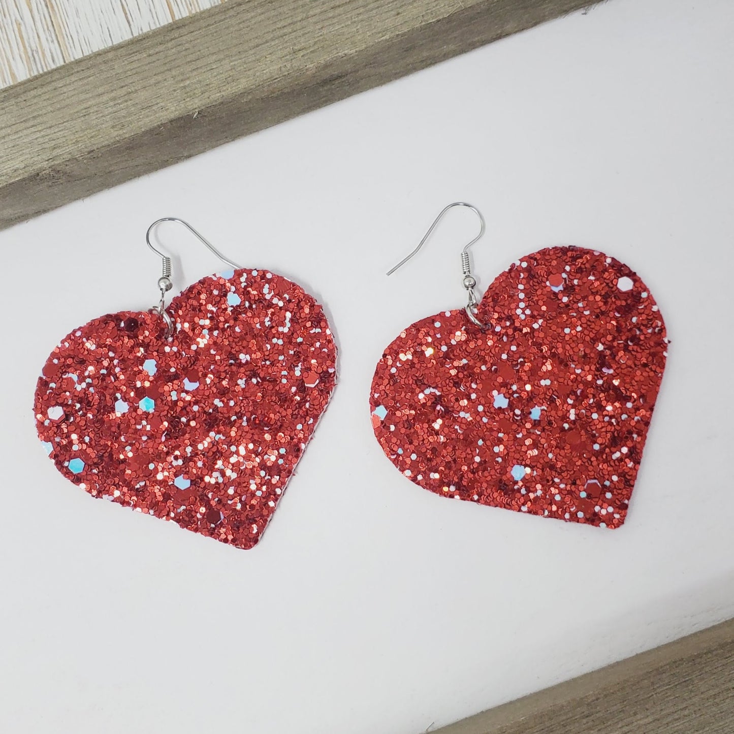 Glittery Hearts Earrings- Red with silver freckles