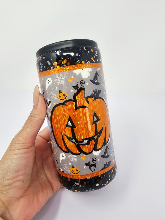 Pumpkin Halloween skinny can glitter koozie