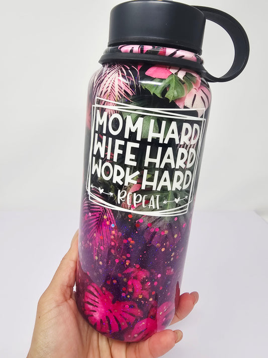 Mom Hard Wife Hard Work Hard Repeat 34oz glitter cup