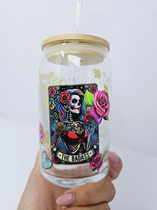 The Badass, La Chingona tarot cards glass cup