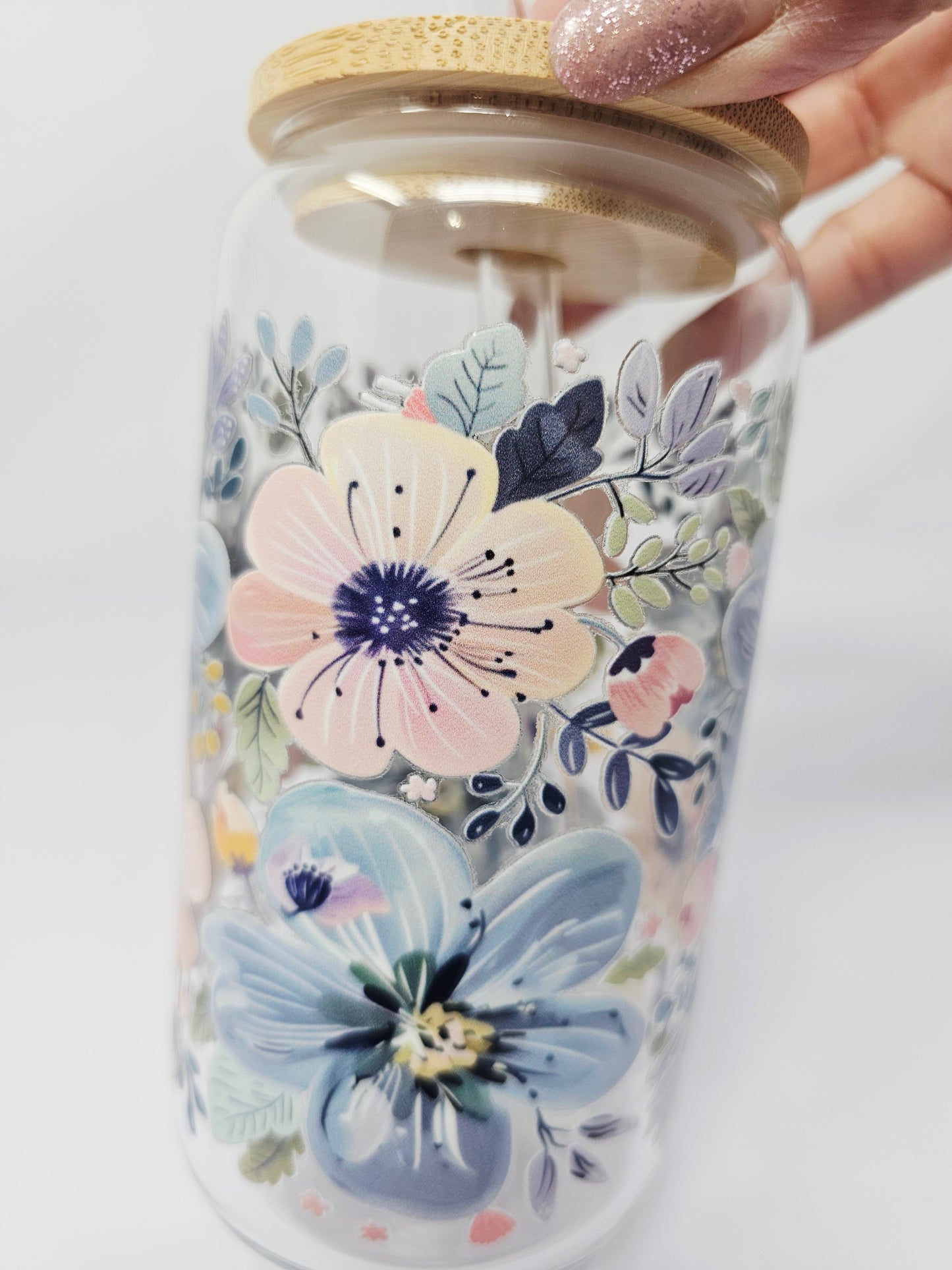 Watercolor spring flowers Glass cup 16oz