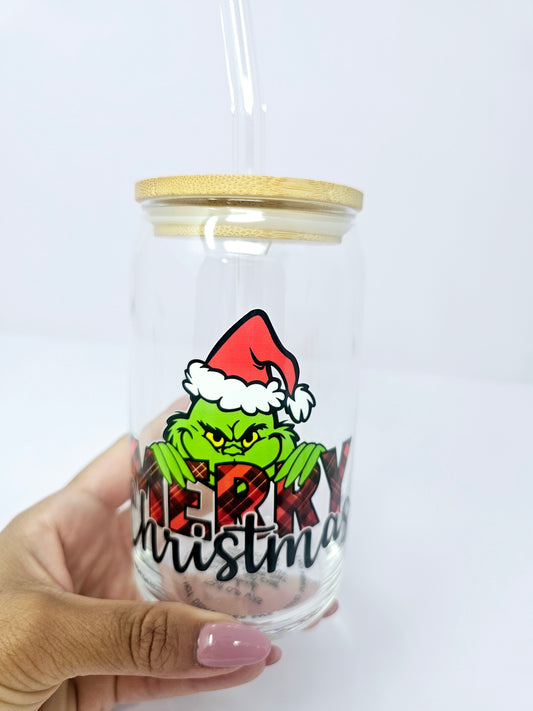 Merry Grinch Christmas Glass Cup 16oz