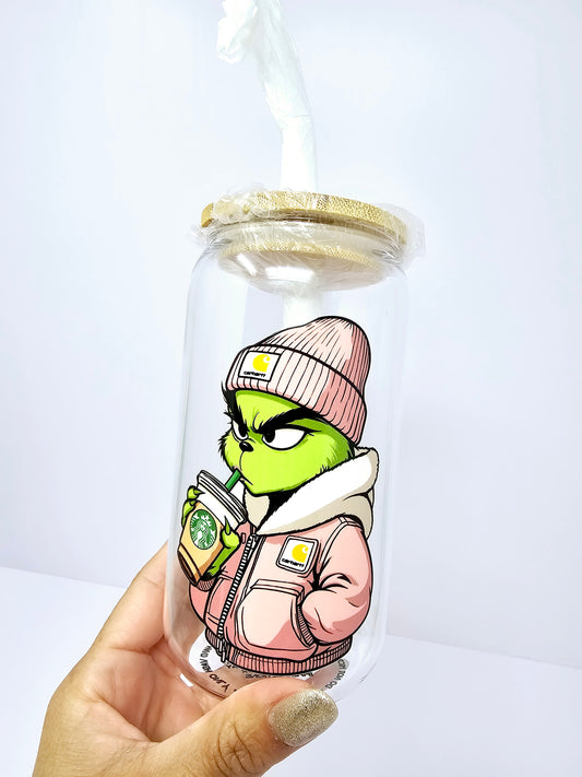 Grinchy Puff jacket coffee Glass Cup 16oz