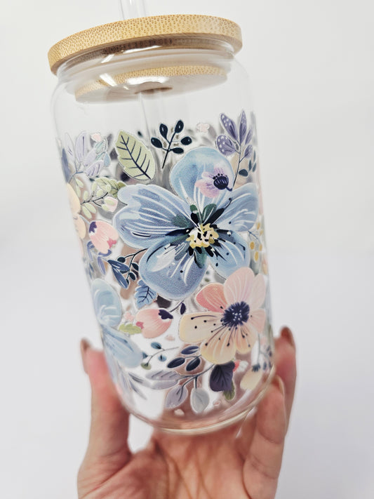 Watercolor spring flowers Glass cup 16oz