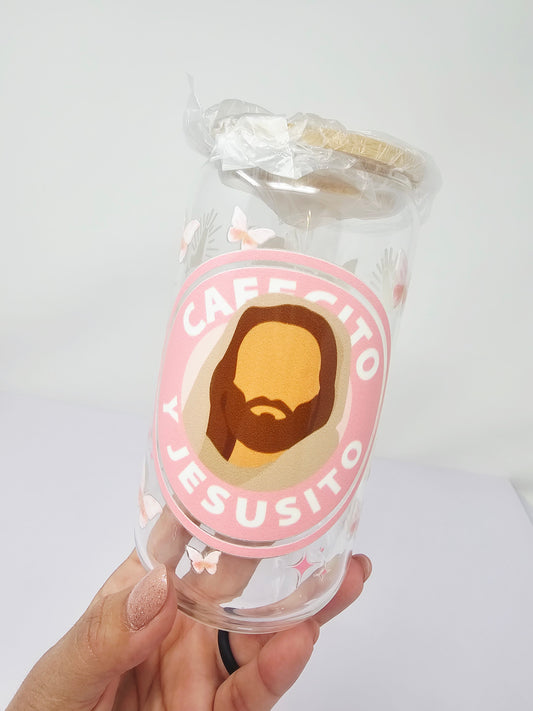 Cafecito y Jesusito Glass cup 16oz