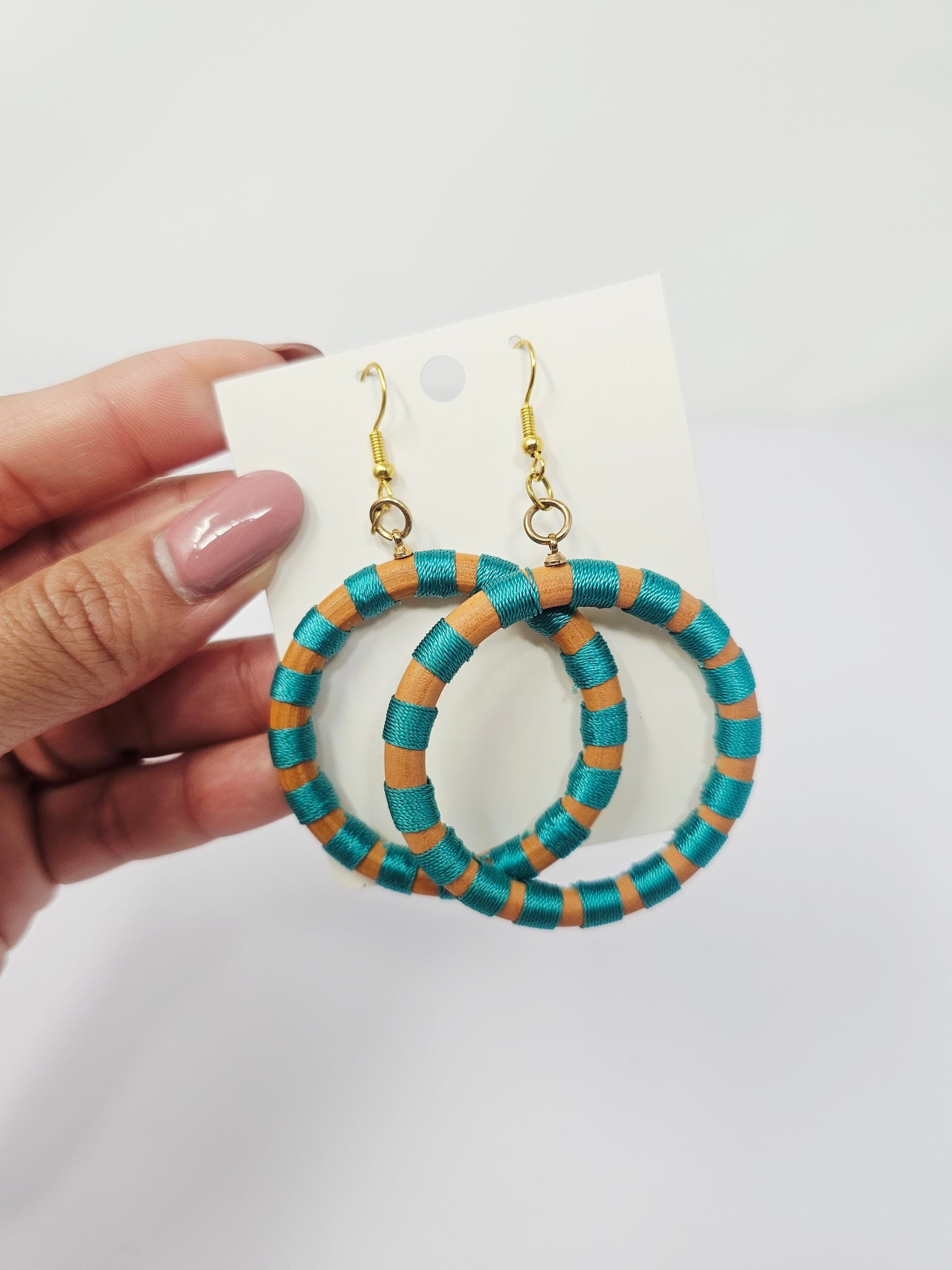 Teal String wooden hoop earrings