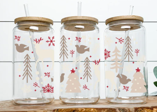 Woodland Christmas animals glass cup 16oz